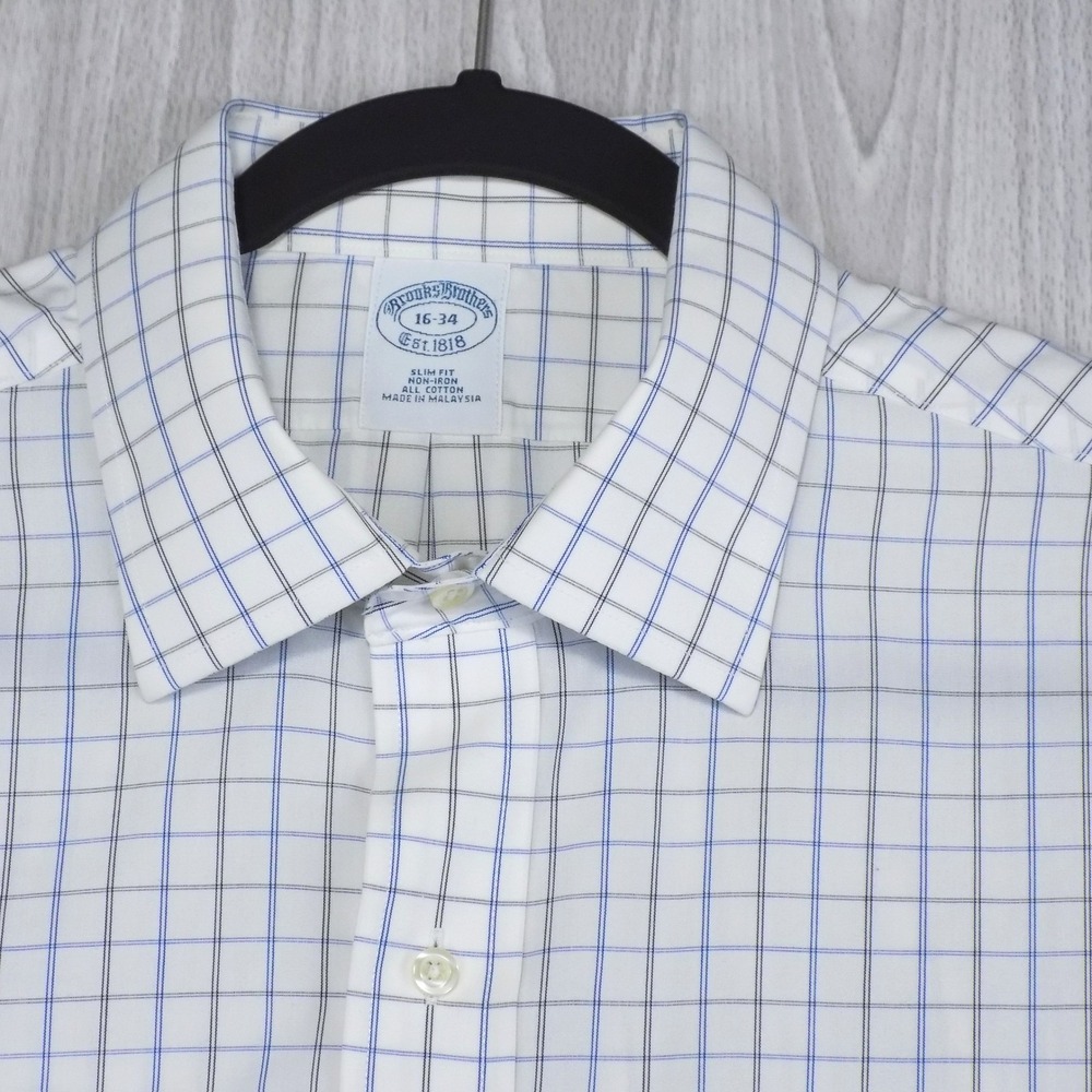 Brooks Brothers Slim Fit Dress Shirt Mens 16-34 White Blue Tattersall